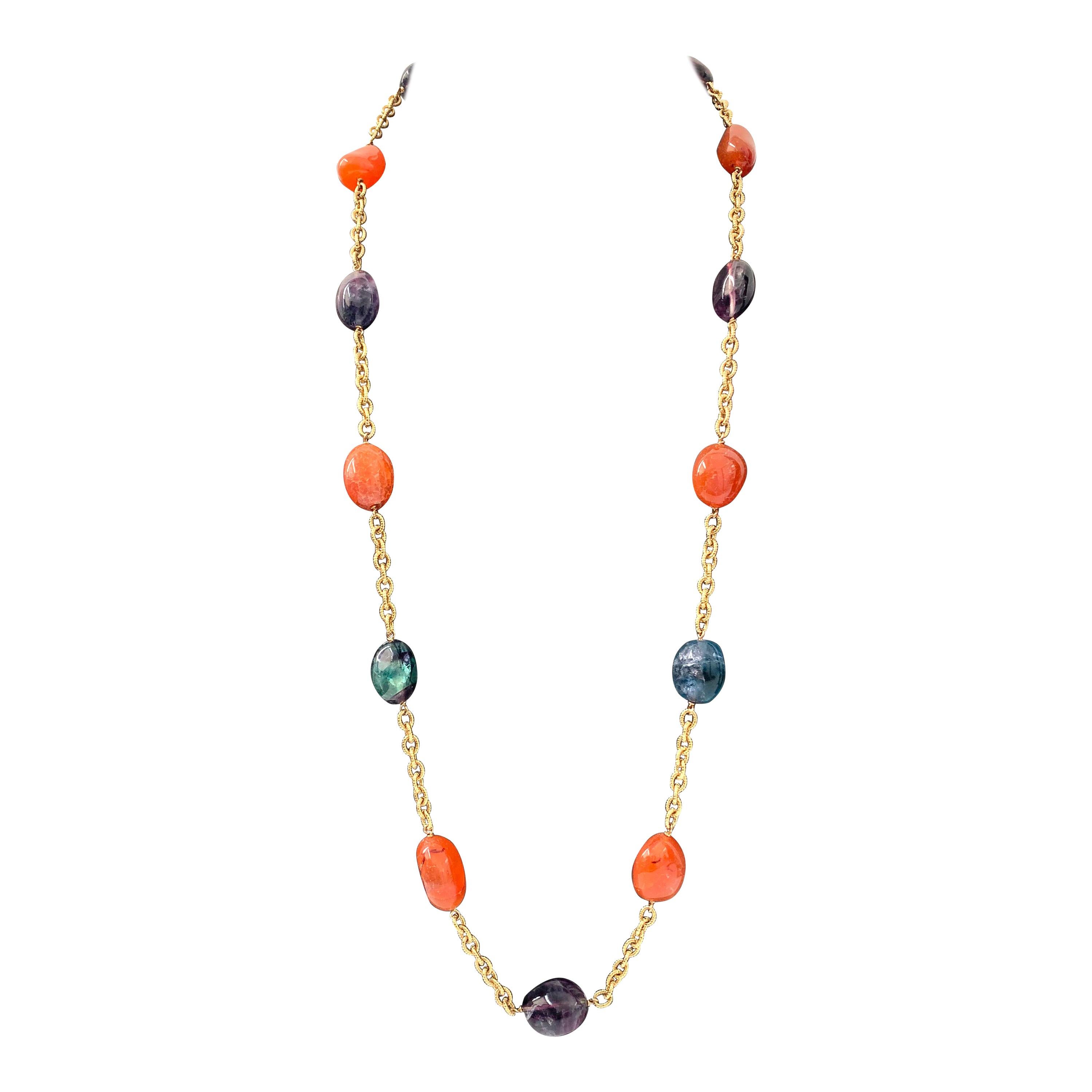 Chunky Carnelian & Bi-color Fluorite Long Chain Station Necklace For Sale