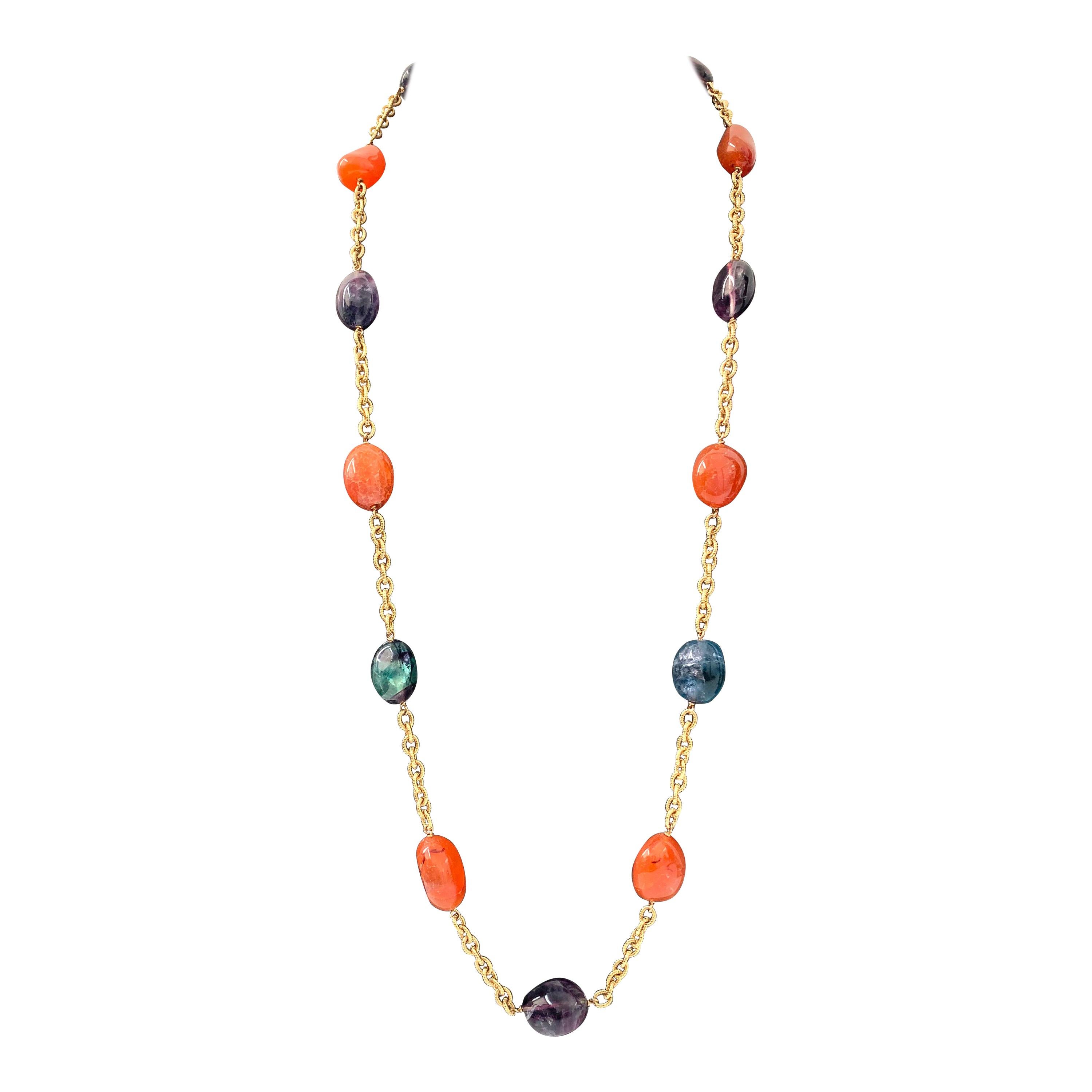 Chunky Carnelian & Bi-color Fluorite Long Chain Station Necklace