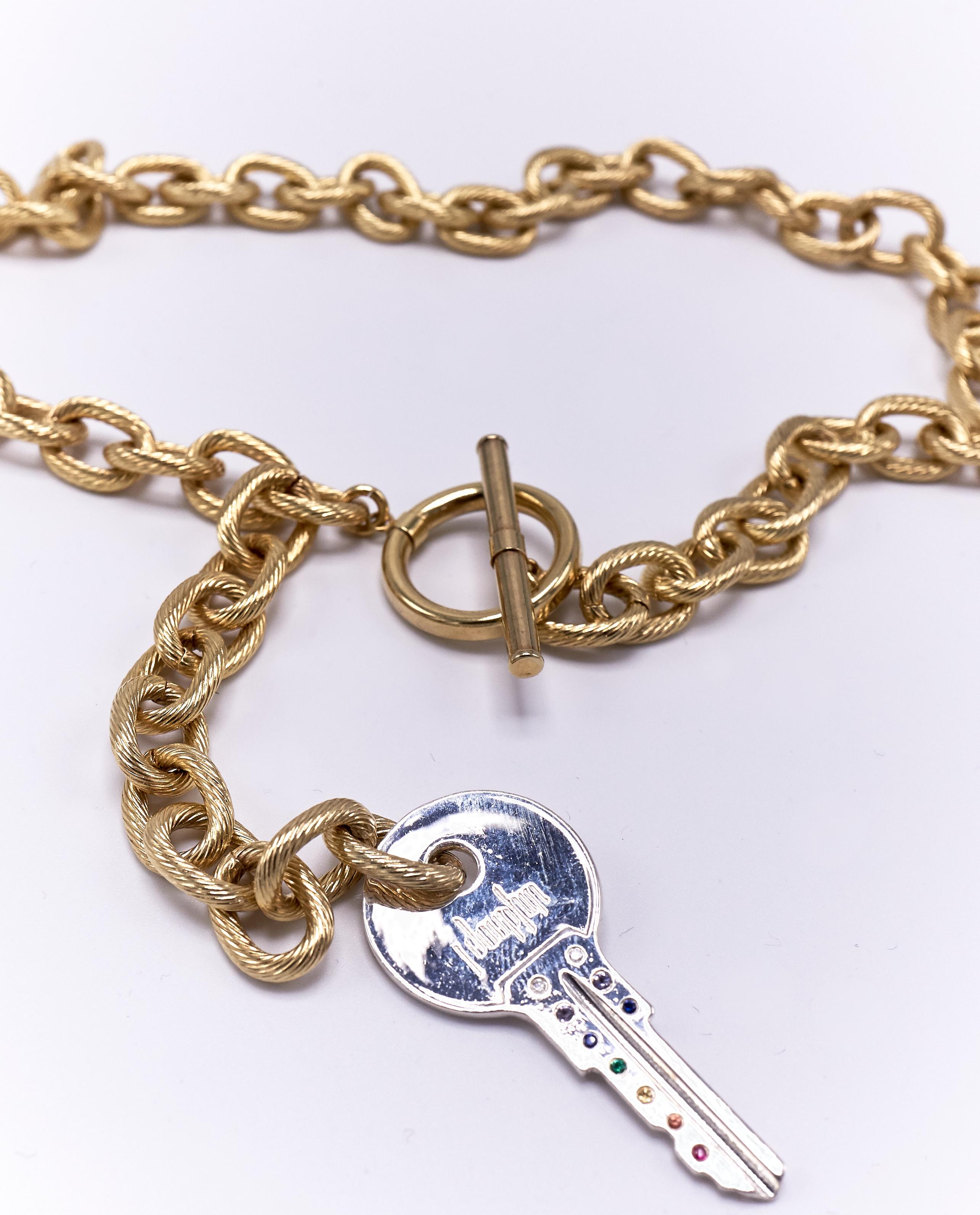Brilliant Cut Rainbow Key Pendant Necklace Chunky Chain White Diamond Emerald Ruby J Dauphin For Sale