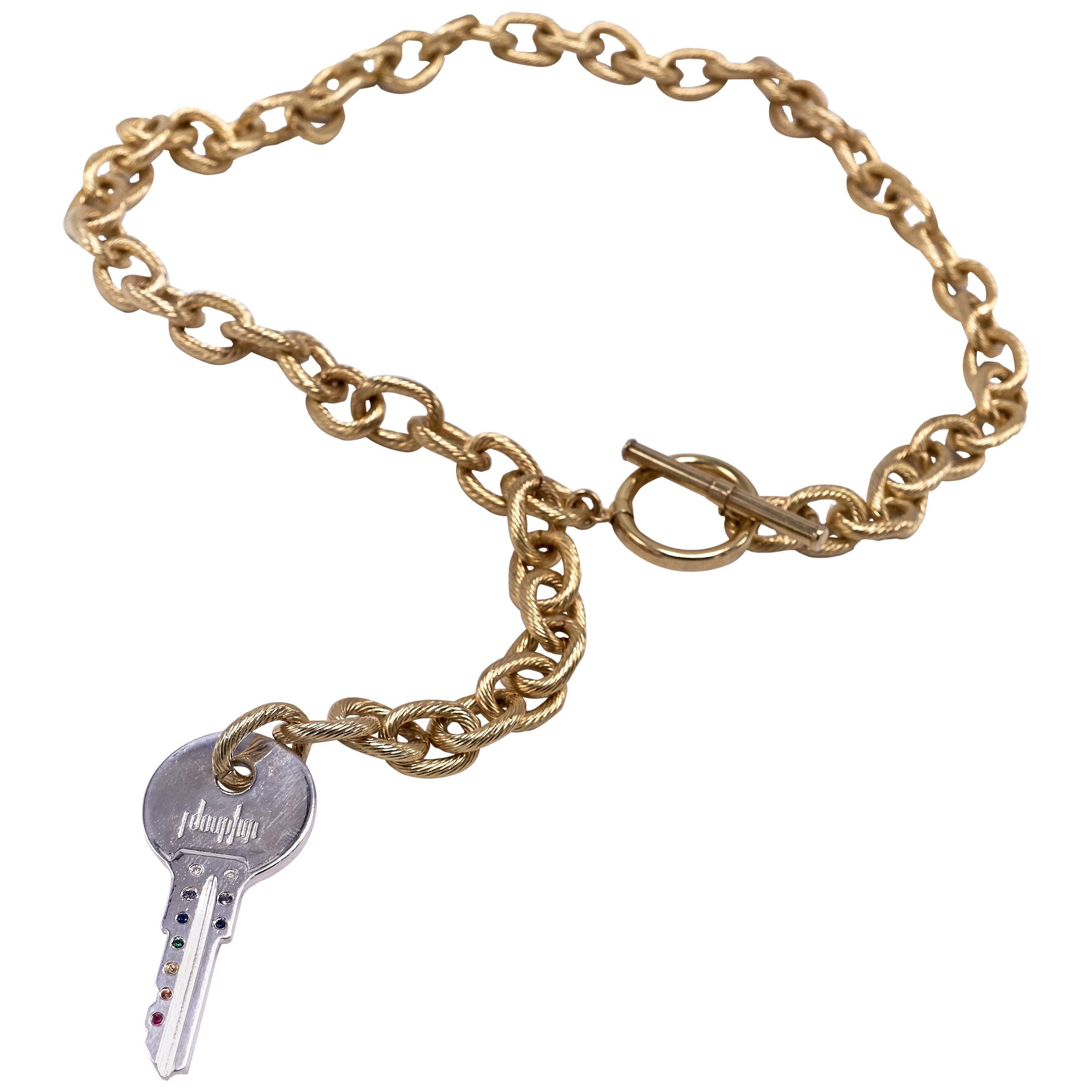 Rainbow Key Pendant Necklace Chunky Chain White Diamond Emerald Ruby J Dauphin For Sale