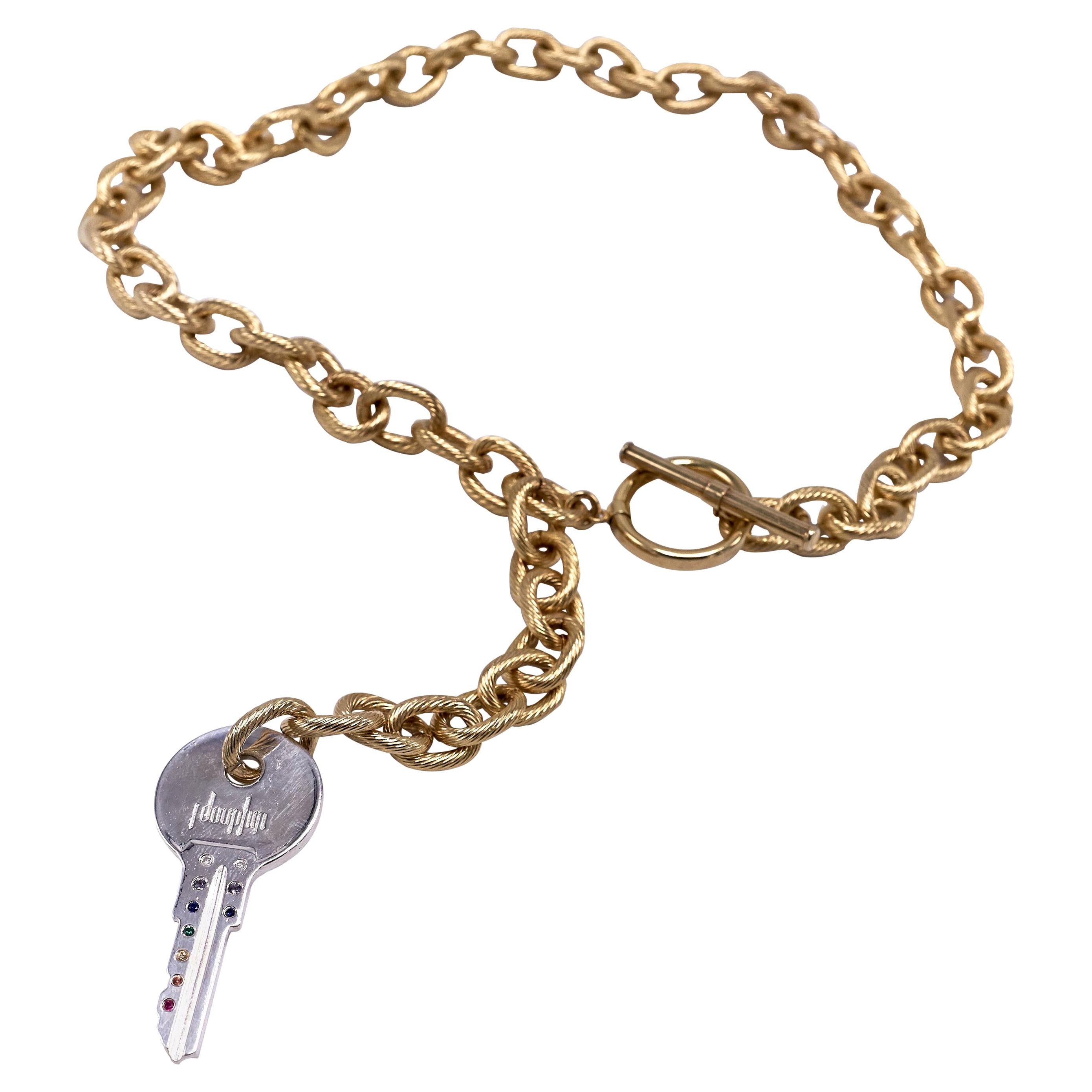 Chunky Chain Choker Halskette Schlüssel weißer Diamant Smaragd Rubin Chakra J Dauphin im Angebot