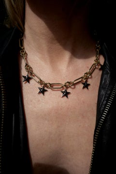 Chunky Chain Choker Necklace Star Charms Gold Plated Blue Enamel