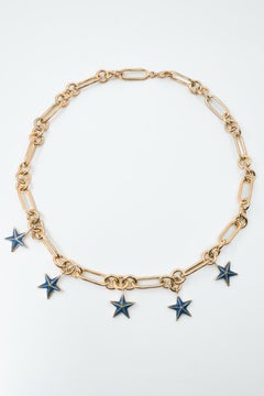 Chunky Chain Choker Necklace Star Charms Gold Plated Blue Enamel