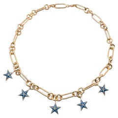 Chunky Chain Choker Necklace Star Charms Gold Plated Blue Enamel