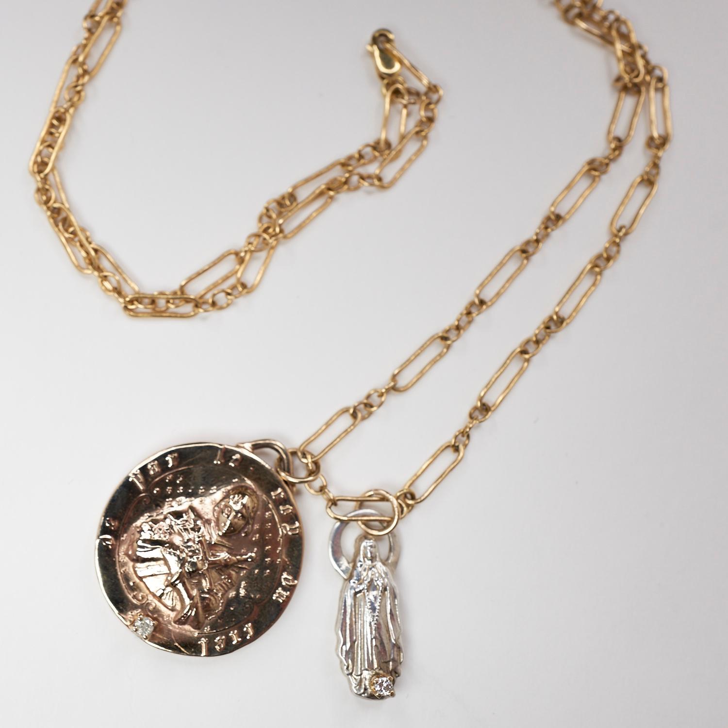 Brilliant Cut Chunky Chain Necklace Medal Coin Joan of Arc White Diamond J Dauphin For Sale
