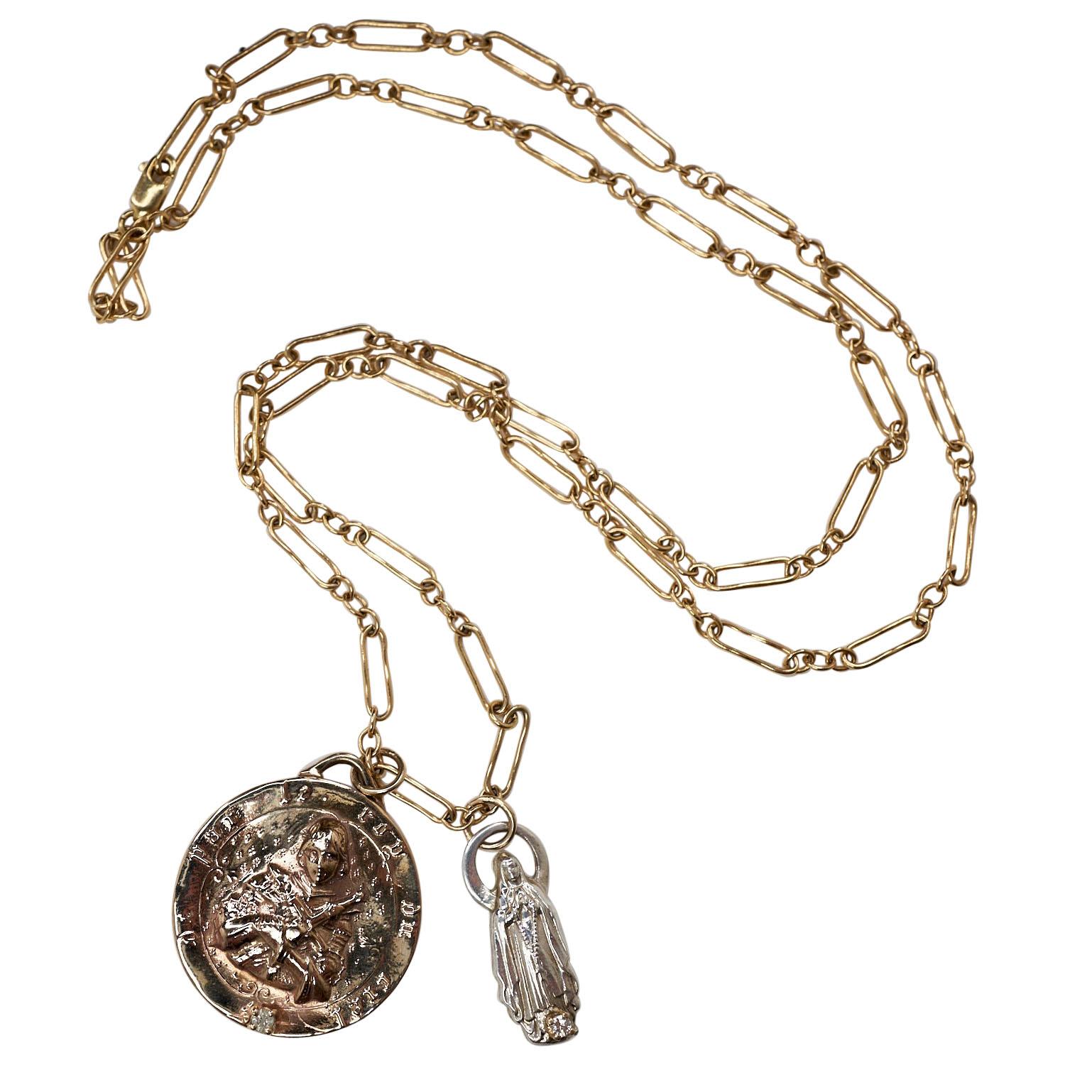 Chunky Kette Halskette Medaillon Münze Joan of Arc Weißer Diamant J Dauphin