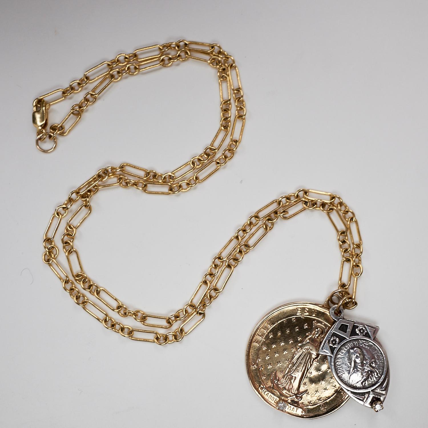 Victorian Chunky Chain Necklace Medal Pendant Virgin Mary White Diamond J Dauphin For Sale