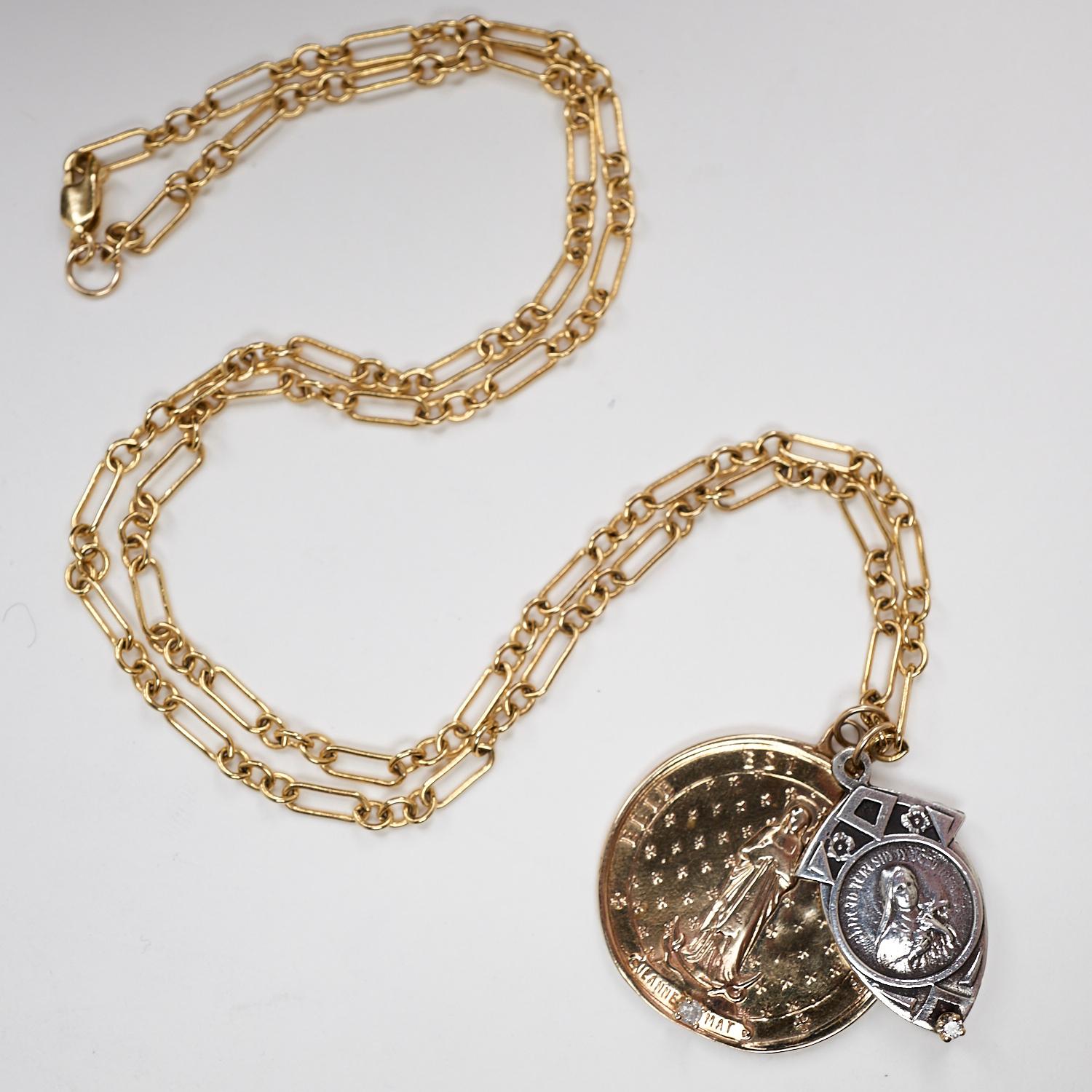 Brilliant Cut Chunky Chain Necklace Medal Pendant Virgin Mary White Diamond J Dauphin For Sale
