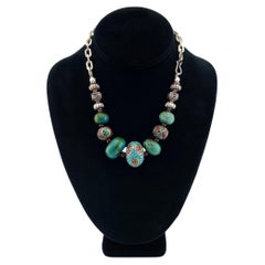 Chunky Chinese Turquoise Bead Necklace with Sterling Silver Chain, 17 Inch