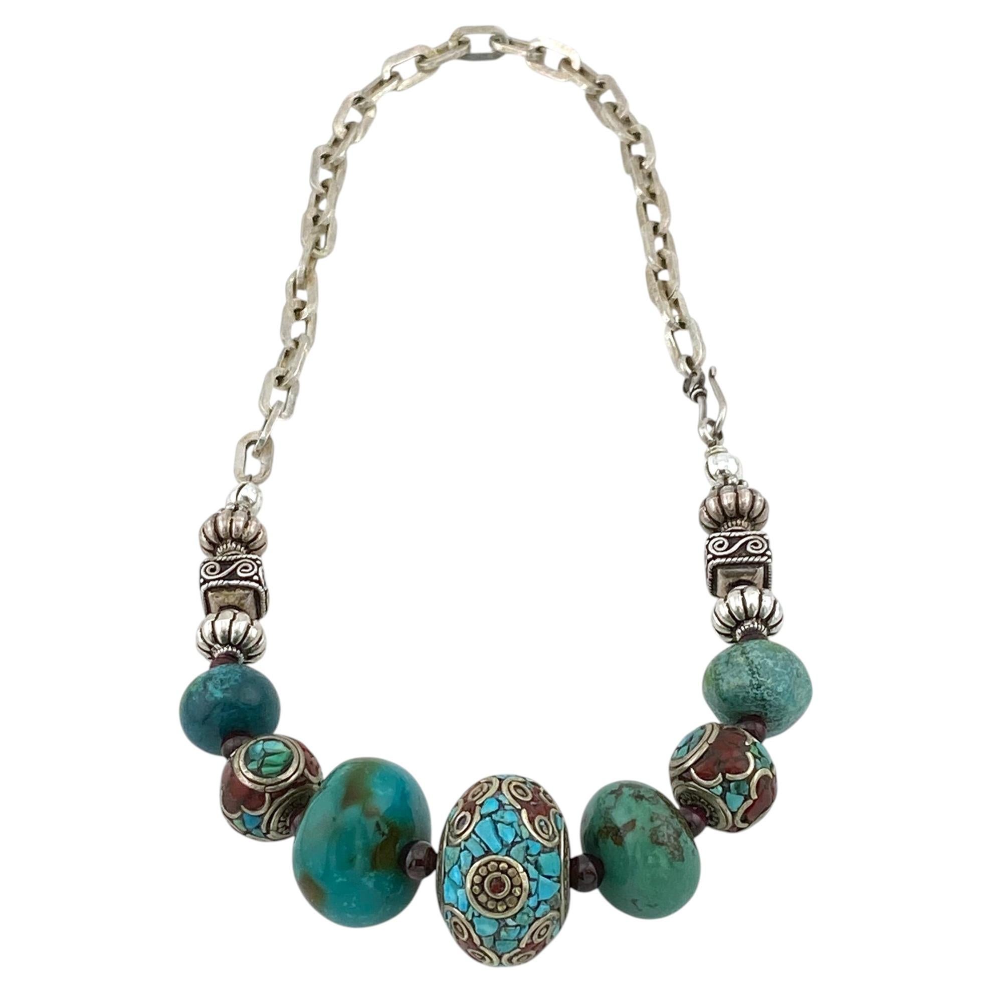 Collier de perles de turquoise chinoises avec chaîne en argent, 17 pouces