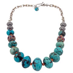 Chunky Chinese Turquoise Bead Necklace with Sterling Silver Chain, 20 Inch