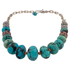 Chunky Chinese Turquoise Bead Necklace with Sterling Silver Chain, 20 Inch