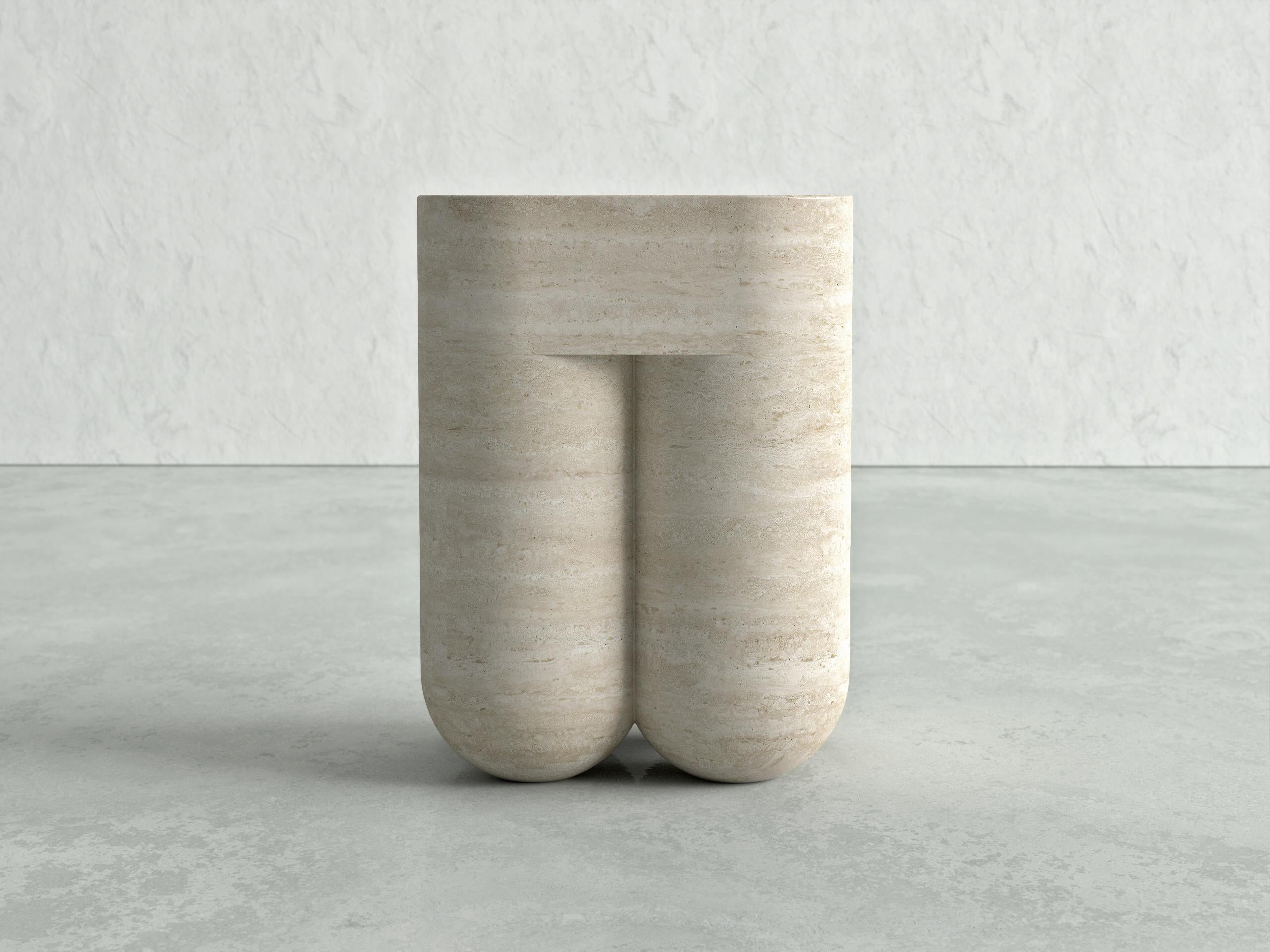 Chunky Classic Travertine Side Table & Stool by Etamorph In New Condition For Sale In Geneve, CH