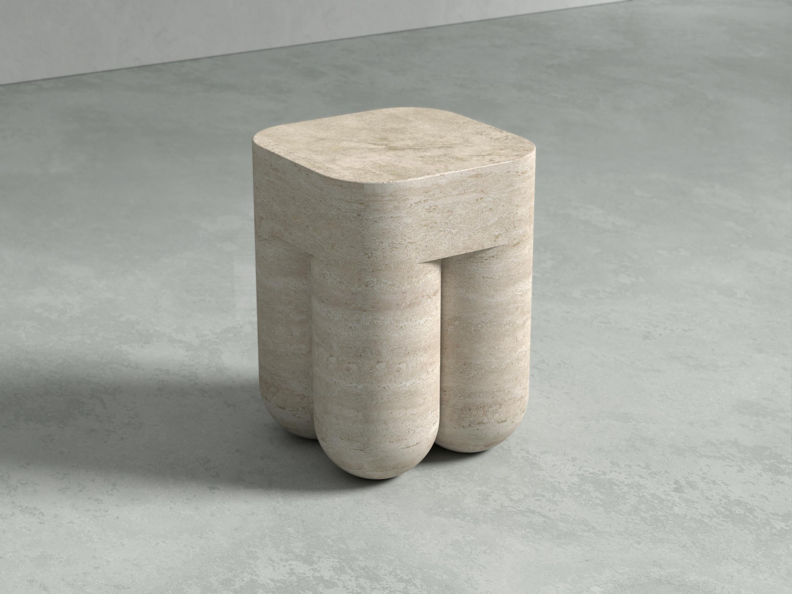 Contemporary Chunky Classic Travertine Side Table & Stool by Etamorph For Sale