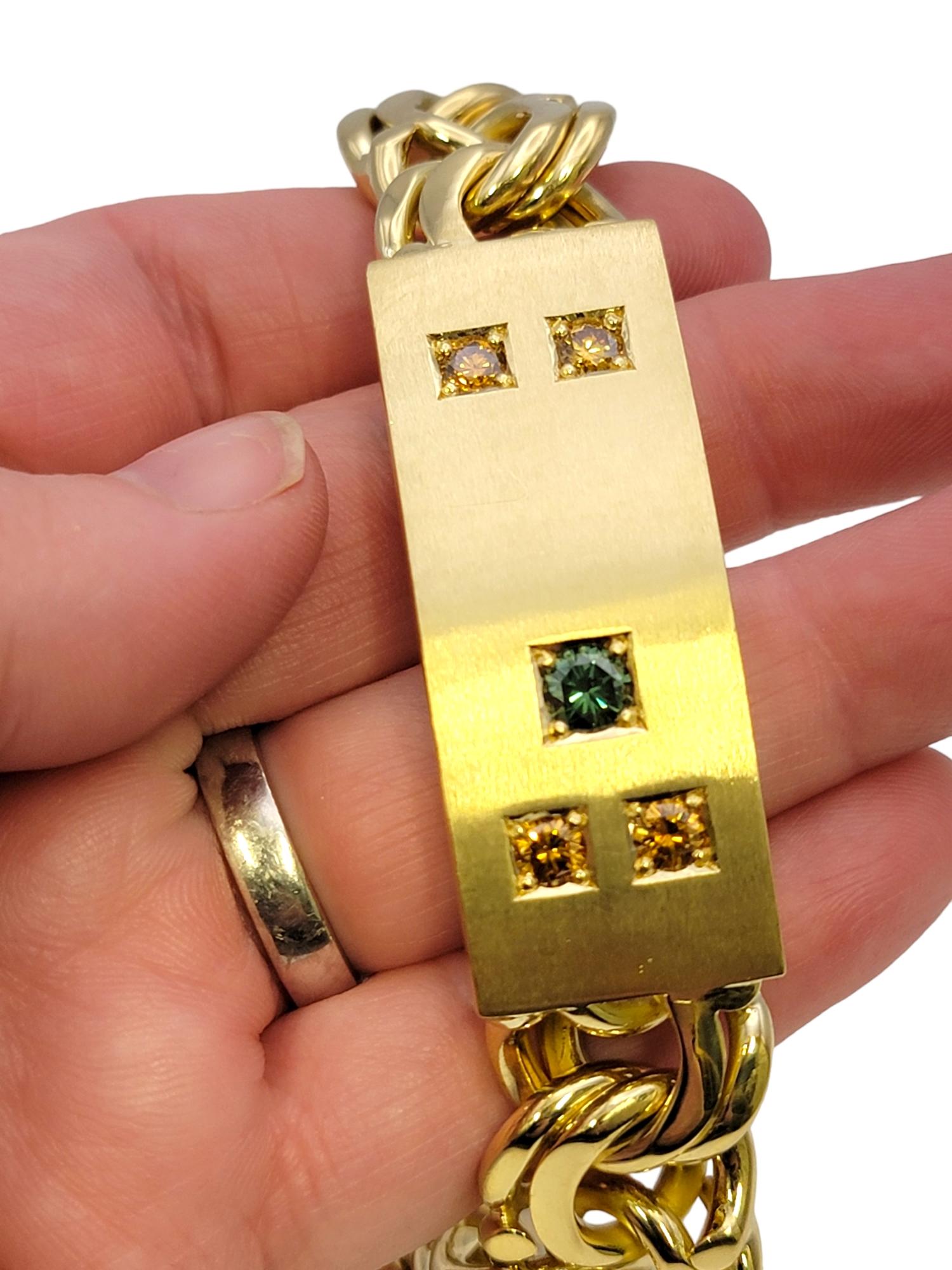 Chunky Contemporary Men's Blue and Orange Diamond ID Bracelet in 18 Karat Gold For Sale 7
