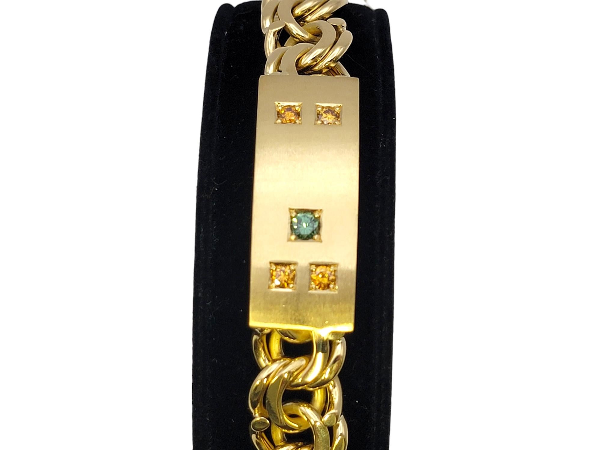 Chunky Contemporary Men's Blue and Orange Diamond ID Bracelet in 18 Karat Gold For Sale 8