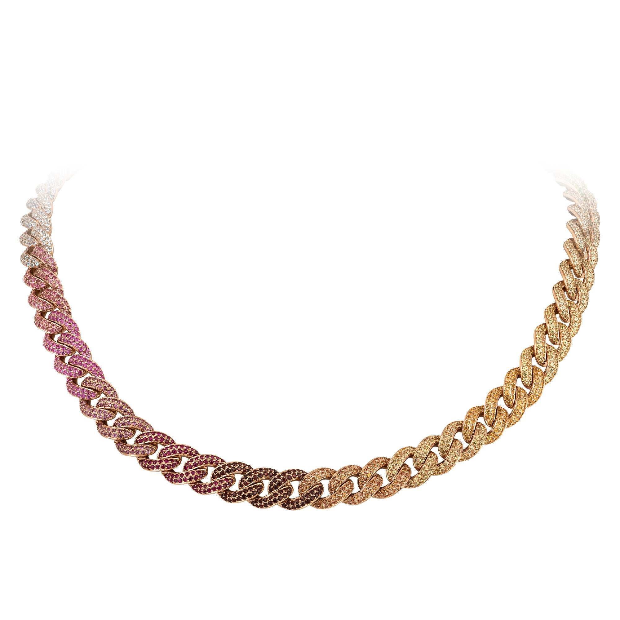 Round Cut Chunky Curb Precious Chain Gold Diamond Sapphire Necklace For Sale
