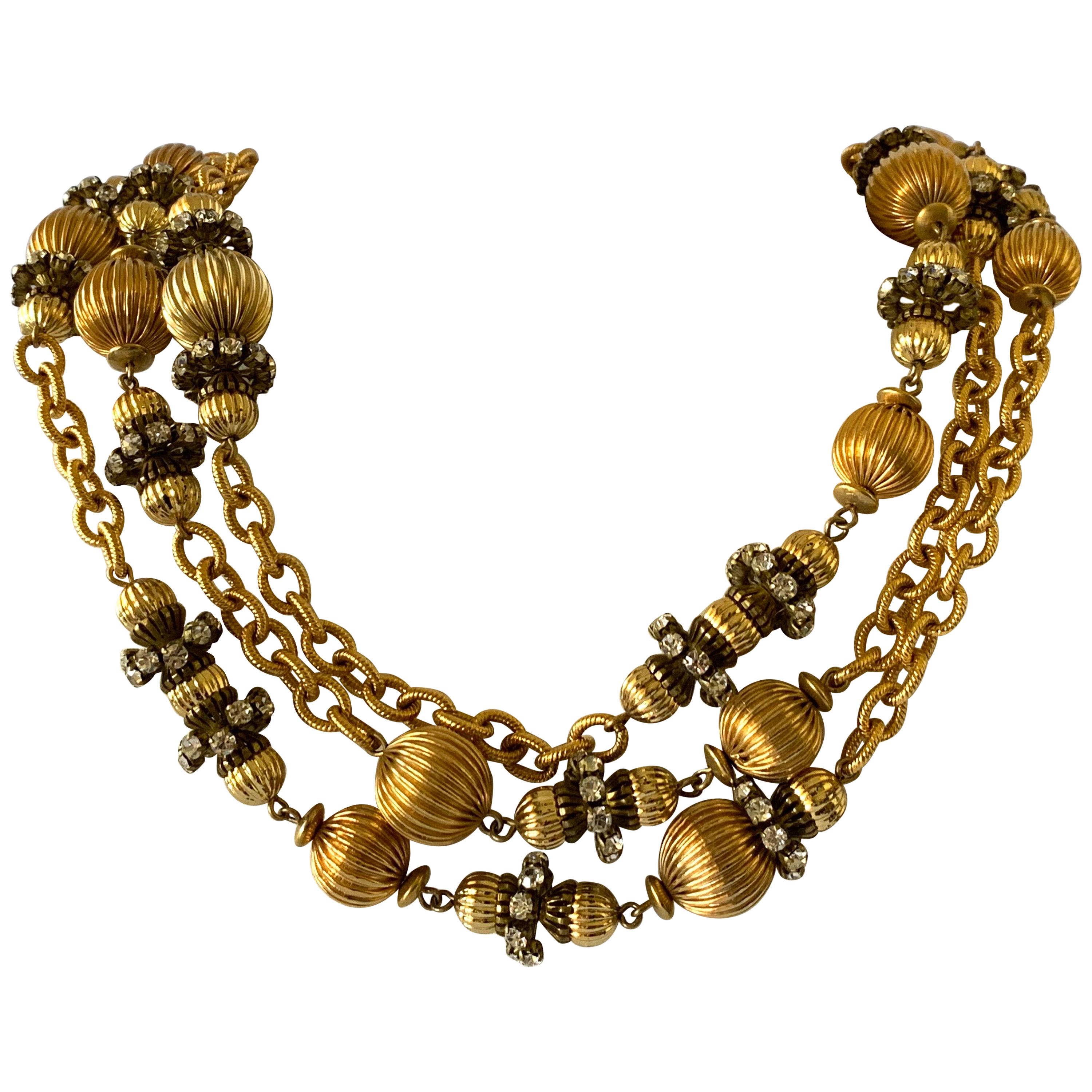 Chunky Designer Gilt Chain "metal dore" Sphere Diamante Statement Necklace