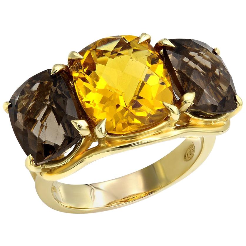 Chunky Designer Style 5.95 Carat Citrine 6.05 Carat Smoky Topaz Three-Stone Ring For Sale