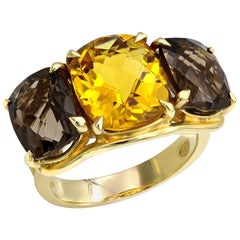 Chunky Designer Style 5.95 Carat Citrine 6.05 Carat Smoky Topaz Three-Stone Ring