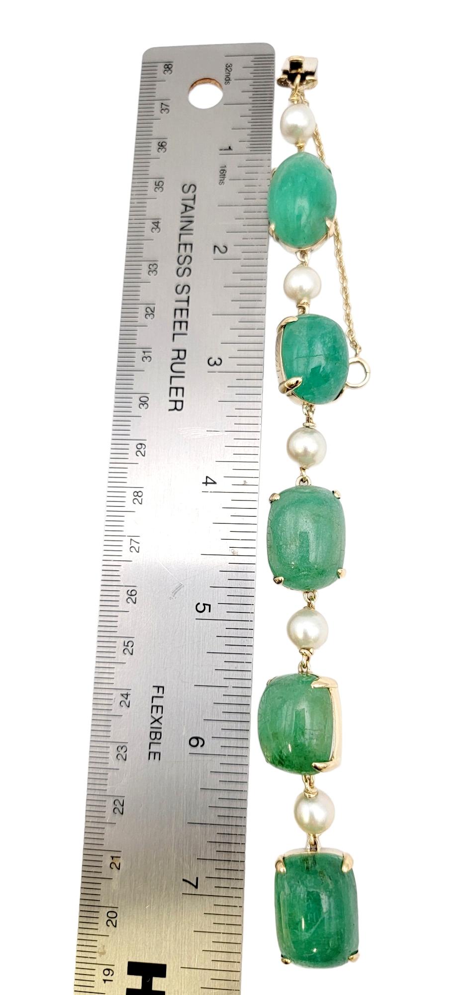 Chunky Emerald Cabochon and Cultured Pearl 14 Karat Yellow Gold Link Bracelet 9
