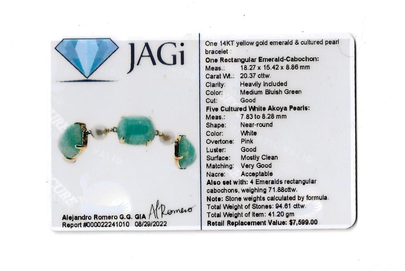 Chunky Emerald Cabochon and Cultured Pearl 14 Karat Yellow Gold Link Bracelet 10