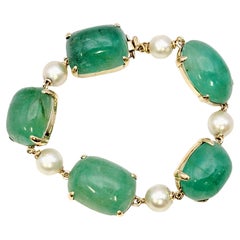 Chunky Emerald Cabochon and Cultured Pearl 14 Karat Yellow Gold Link Bracelet