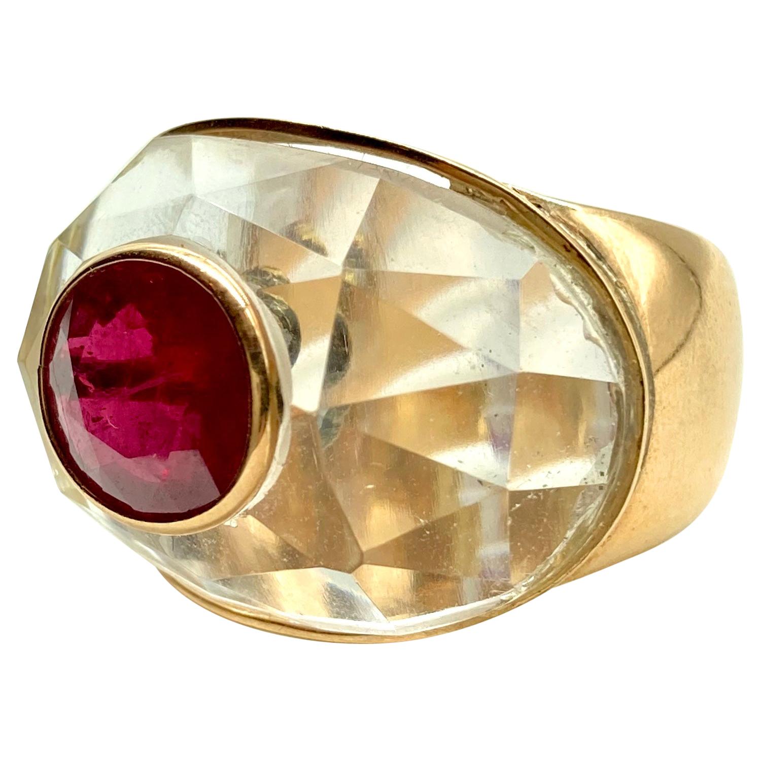 Chunky Faceted Rock Crystal and 4.82 Carat Ruby Yellow Gold Ring