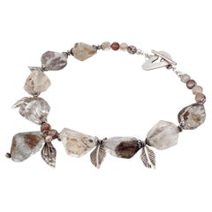 Chunky Ferrous Quartz Pendant Necklace with Silver Leaves