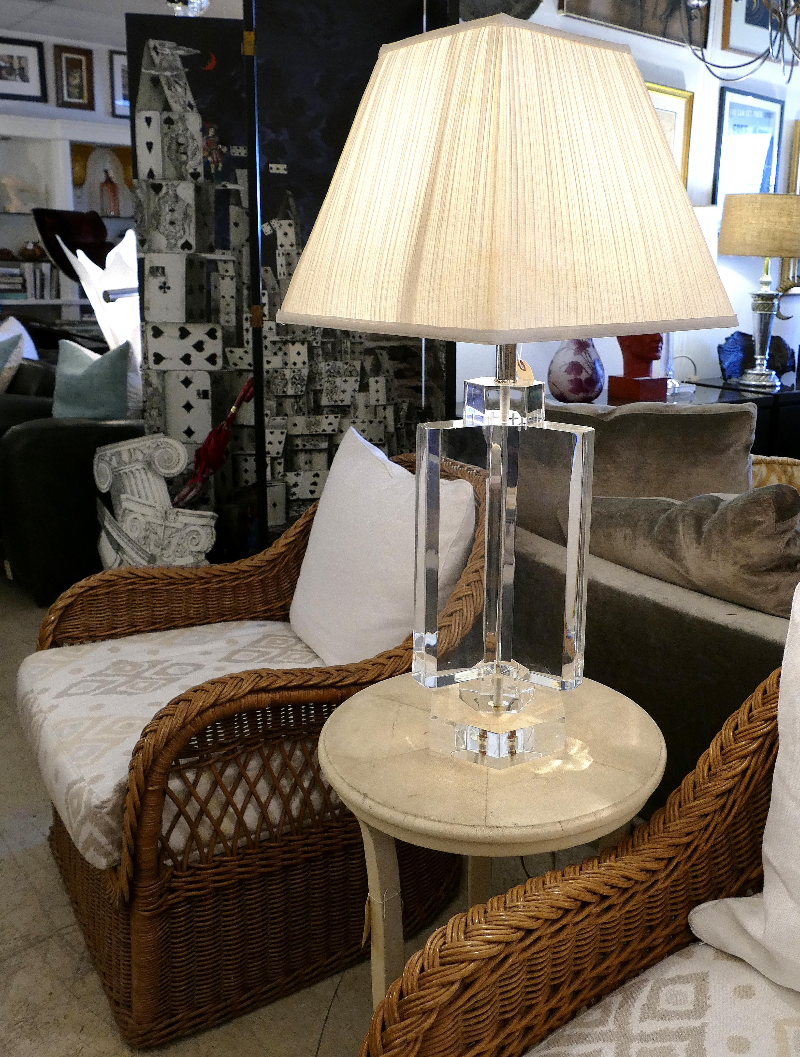 Chunky, Heavy Vintage Karl Springer Style Lucite Table Lamp

Offered for sale is a recent acquisition from a Miami Beach estate. This large and heavy vintage Lucite table lamp would make a wonderful addition to your mid-century modern decor. The