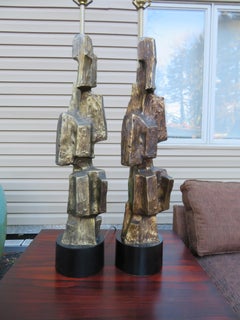 Chunky Large Pair Brutalist Gold Cubist Table Lamps by Richard Barr for Laurel