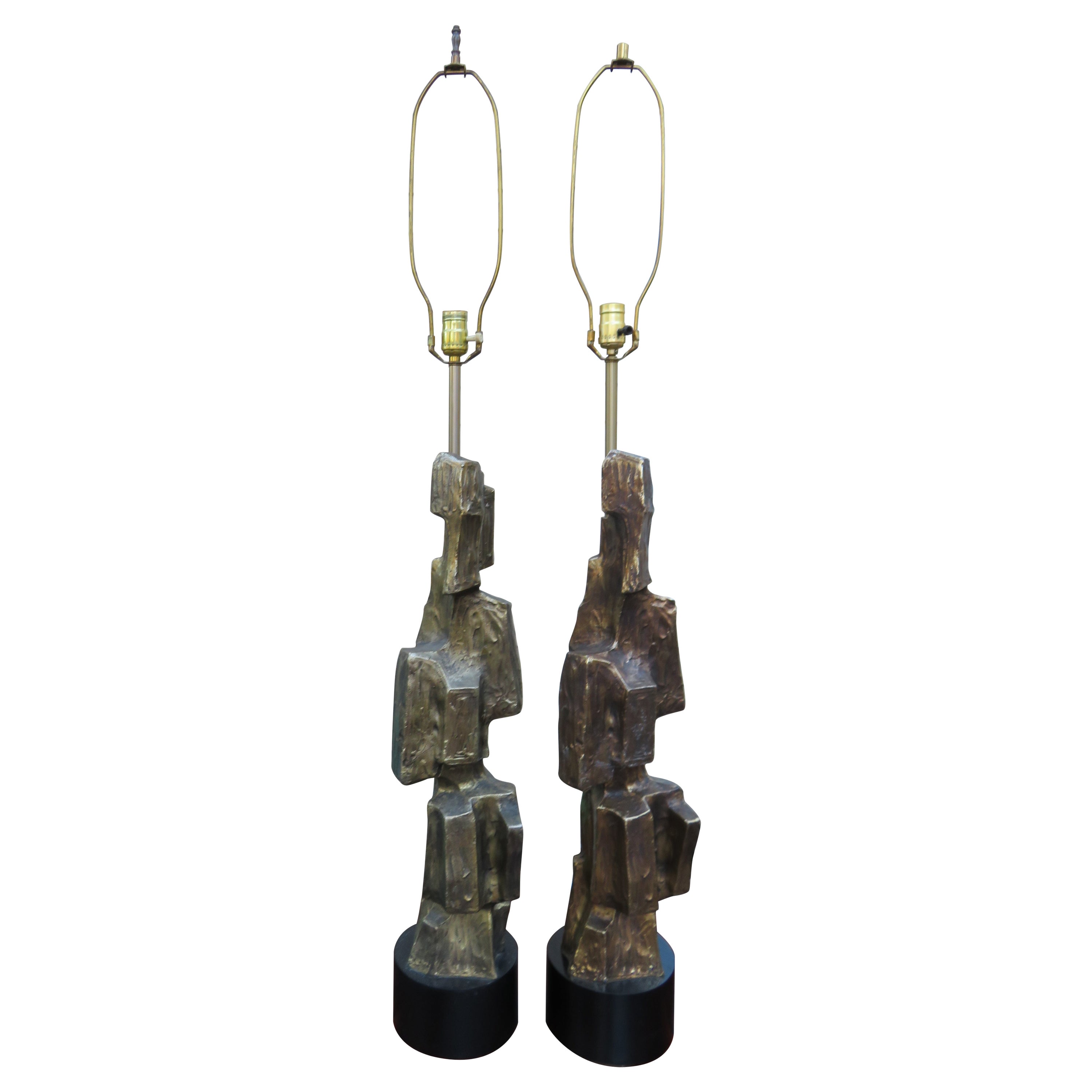 Chunky Large Pair Brutalist Gold Cubist Table Lamps by Richard Barr for Laurel