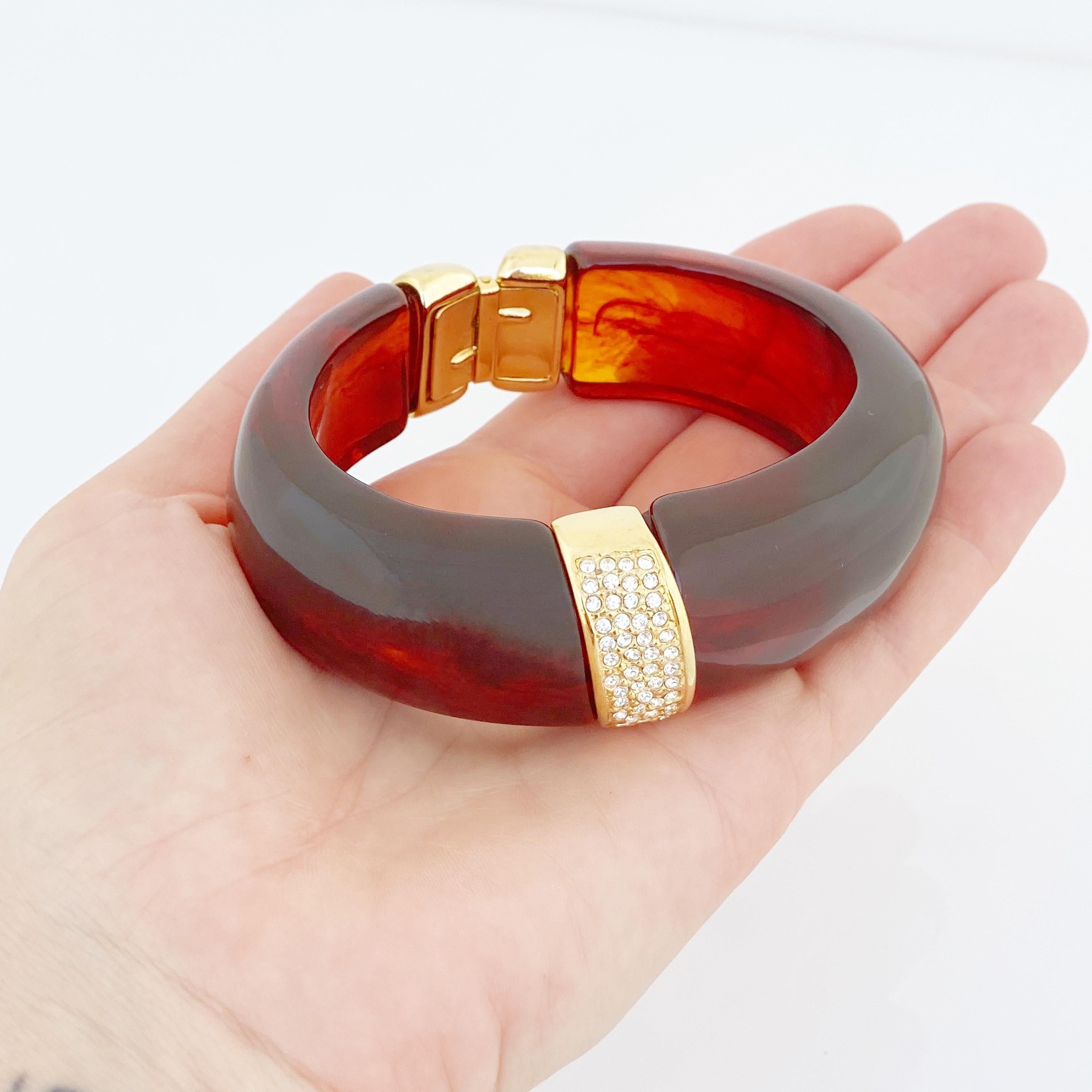 Chunky Lucite Tortoise Hinged Cuff With Crystal Pavé By Kenneth Jay Lane, 1990s 2
