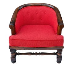 Chunky Mid-Century Modern Barrel Back Lounge Chair in Stained Pine & Red Tweed