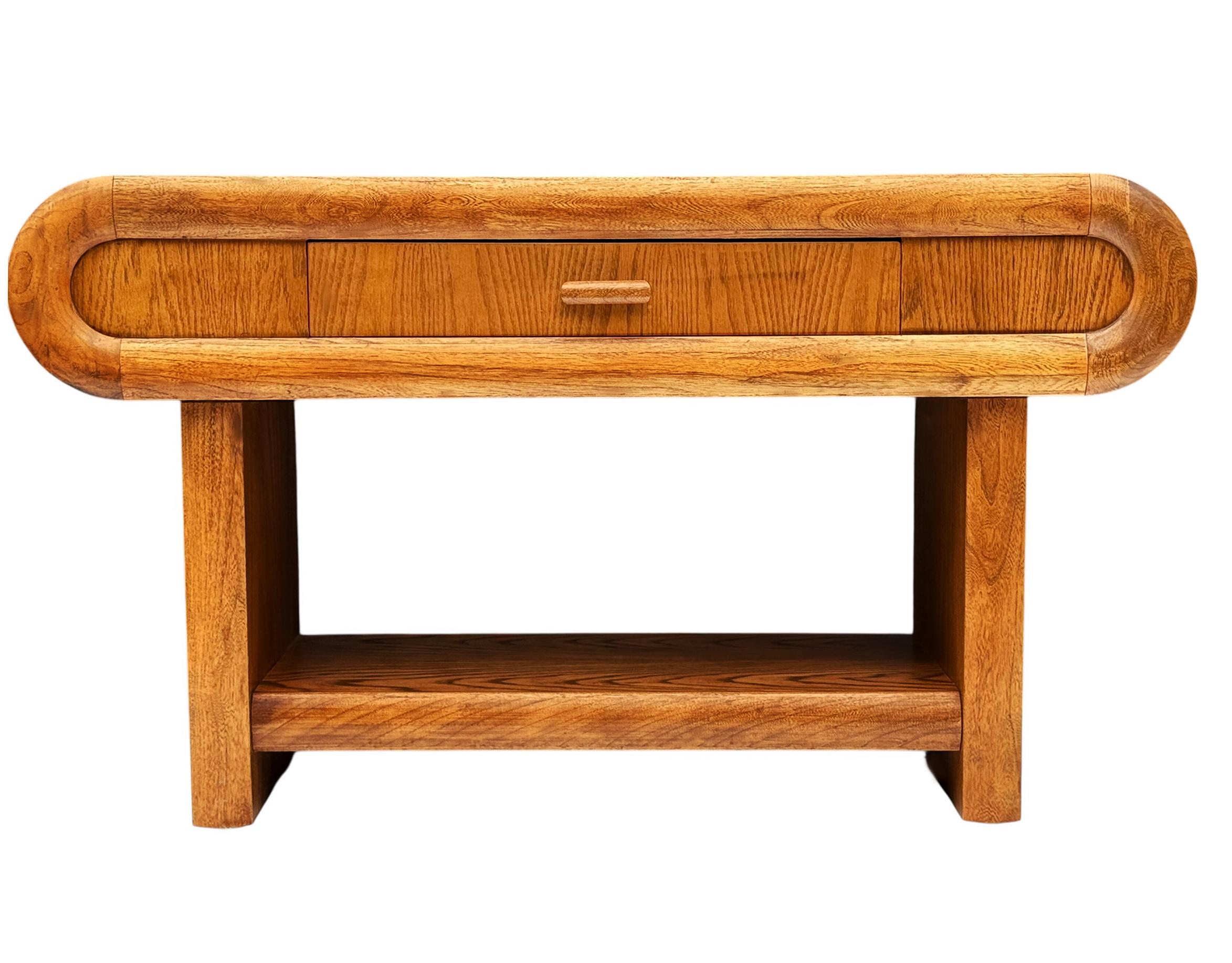 Chunky Midcentury Post Modern Media Table or Console Table in Oak In Good Condition For Sale In Philadelphia, PA