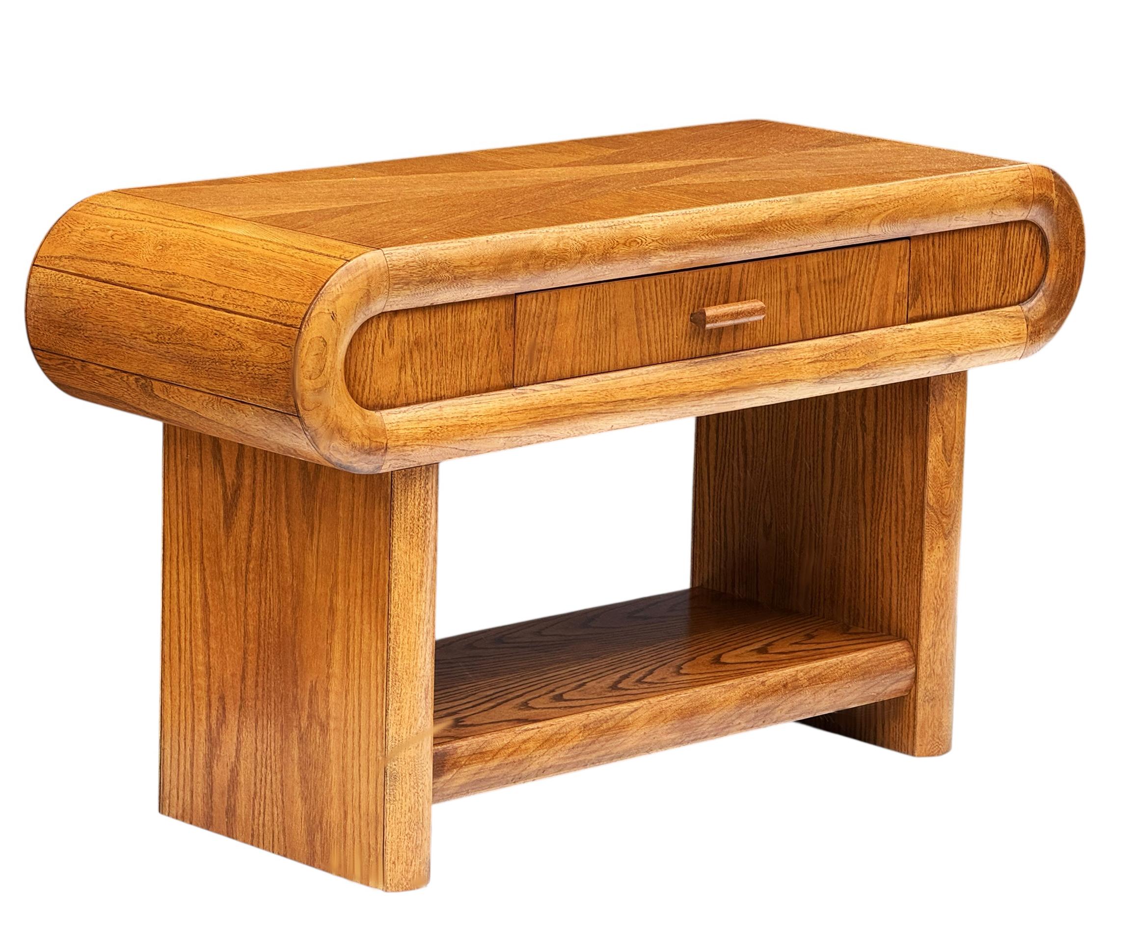 Chunky Midcentury Post Modern Media Table or Console Table in Oak For Sale 1
