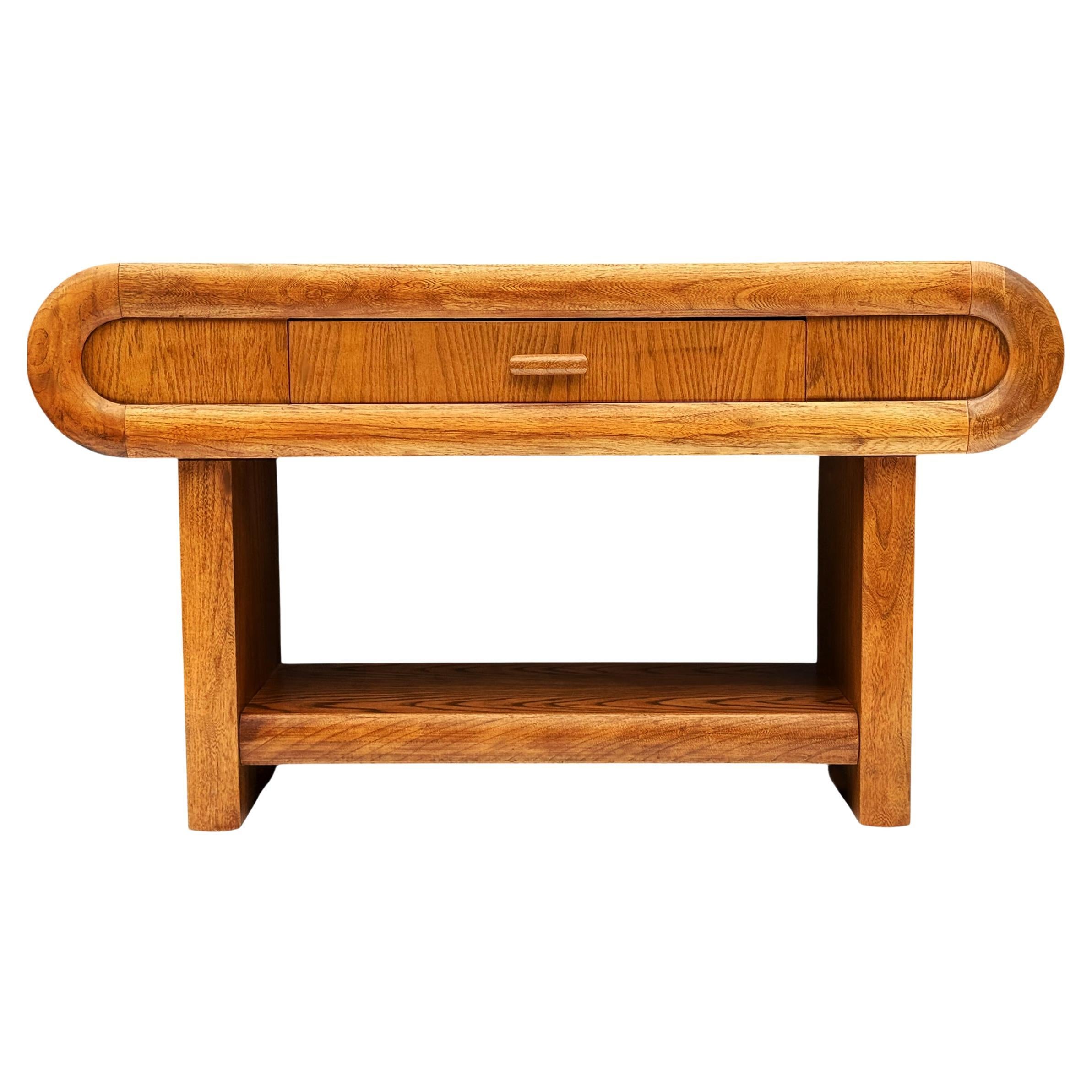 Chunky Midcentury Post Modern Media Table or Console Table in Oak For Sale