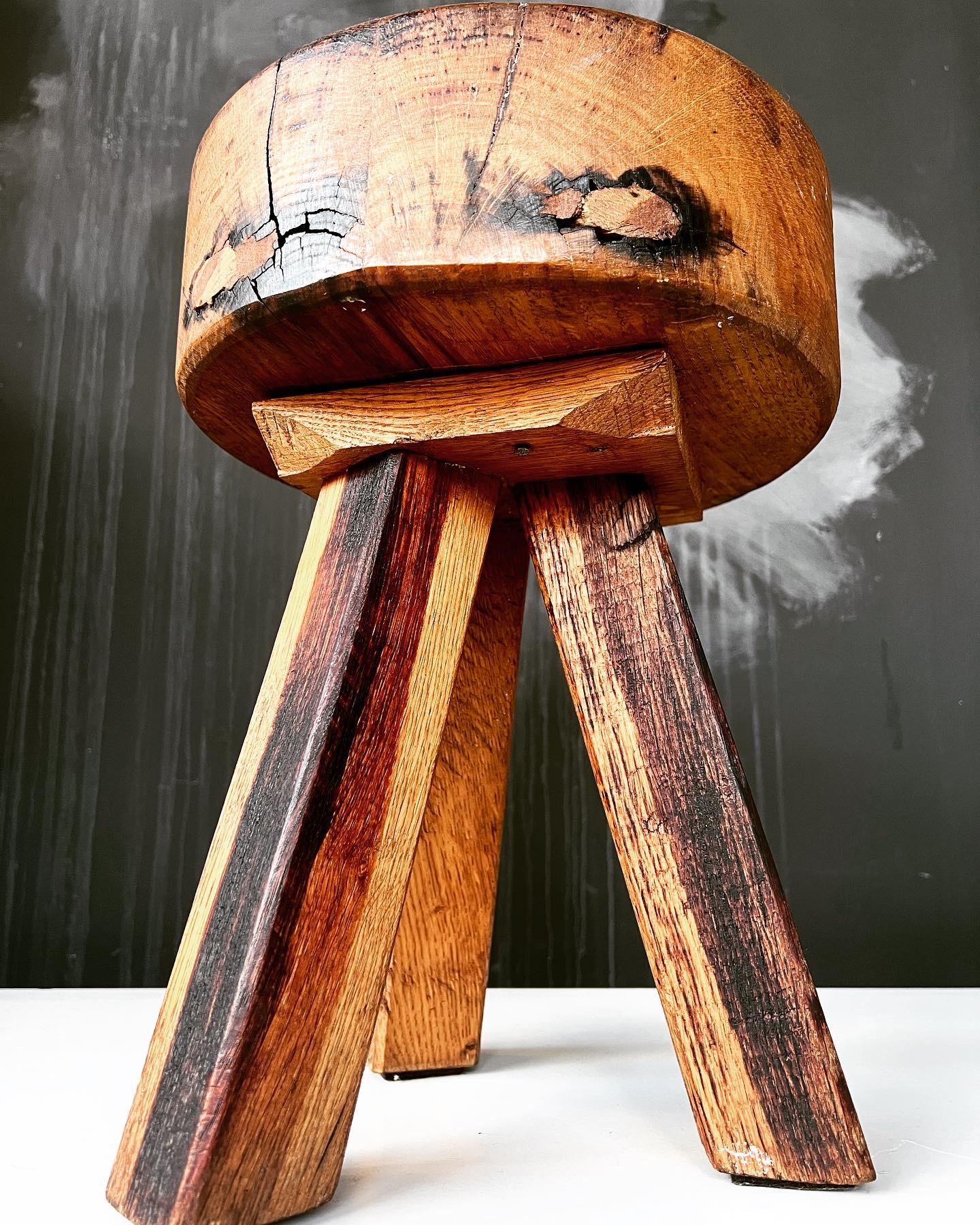 Folk Art Chunky oak stool, France 1950 For Sale