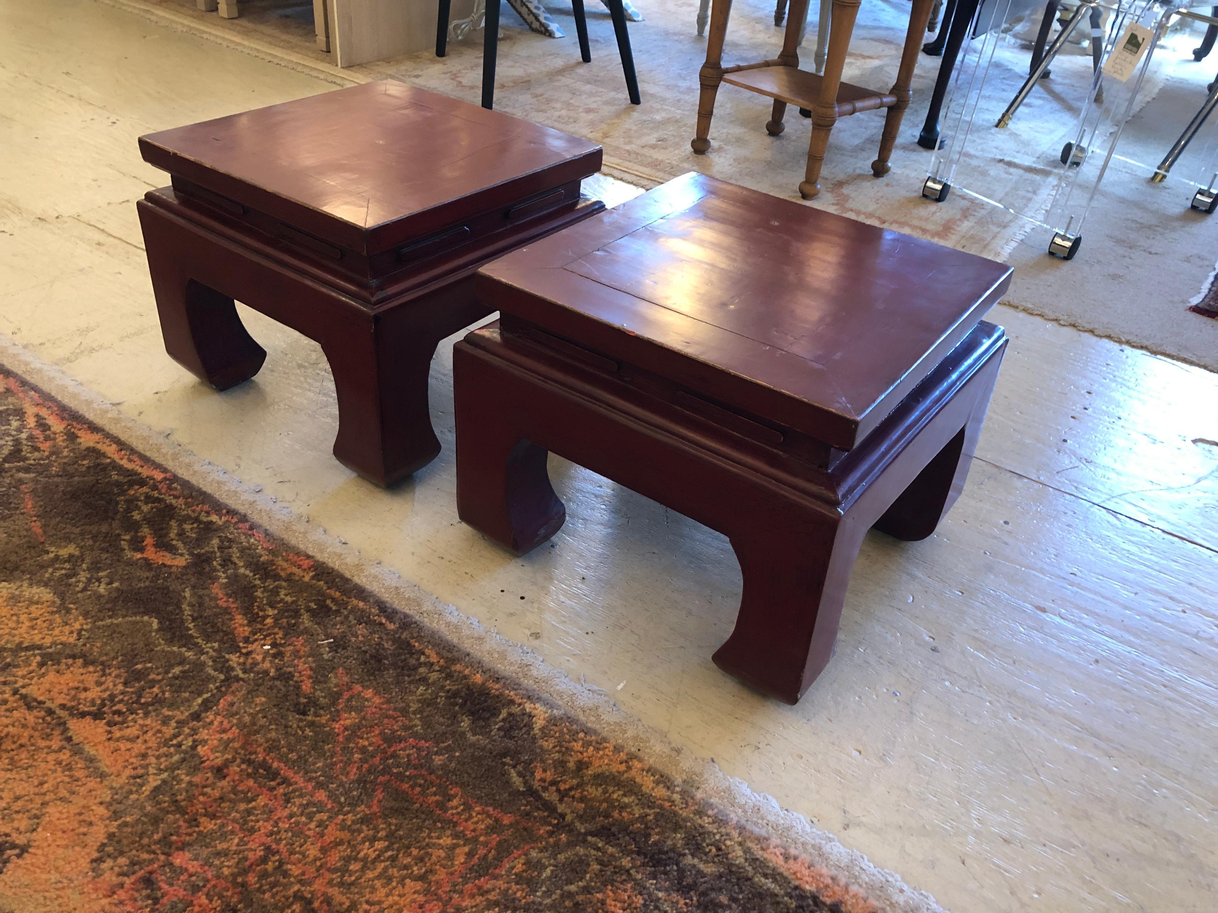 Chunky Pair of ChineseCinnabar Square Lacquered Wood Low End or Cocktail Tables  6