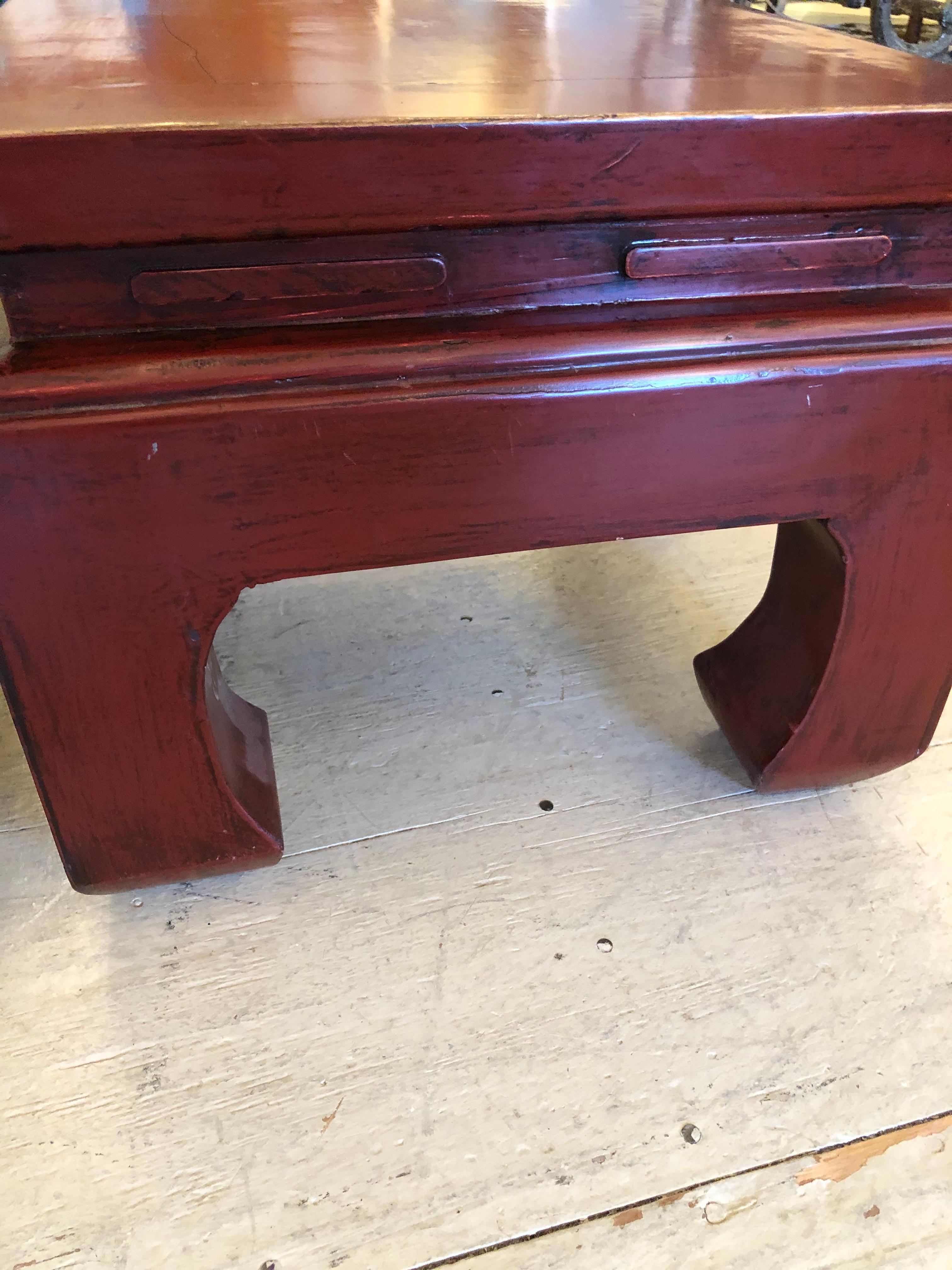 Chunky Pair of ChineseCinnabar Square Lacquered Wood Low End or Cocktail Tables  In Good Condition In Hopewell, NJ