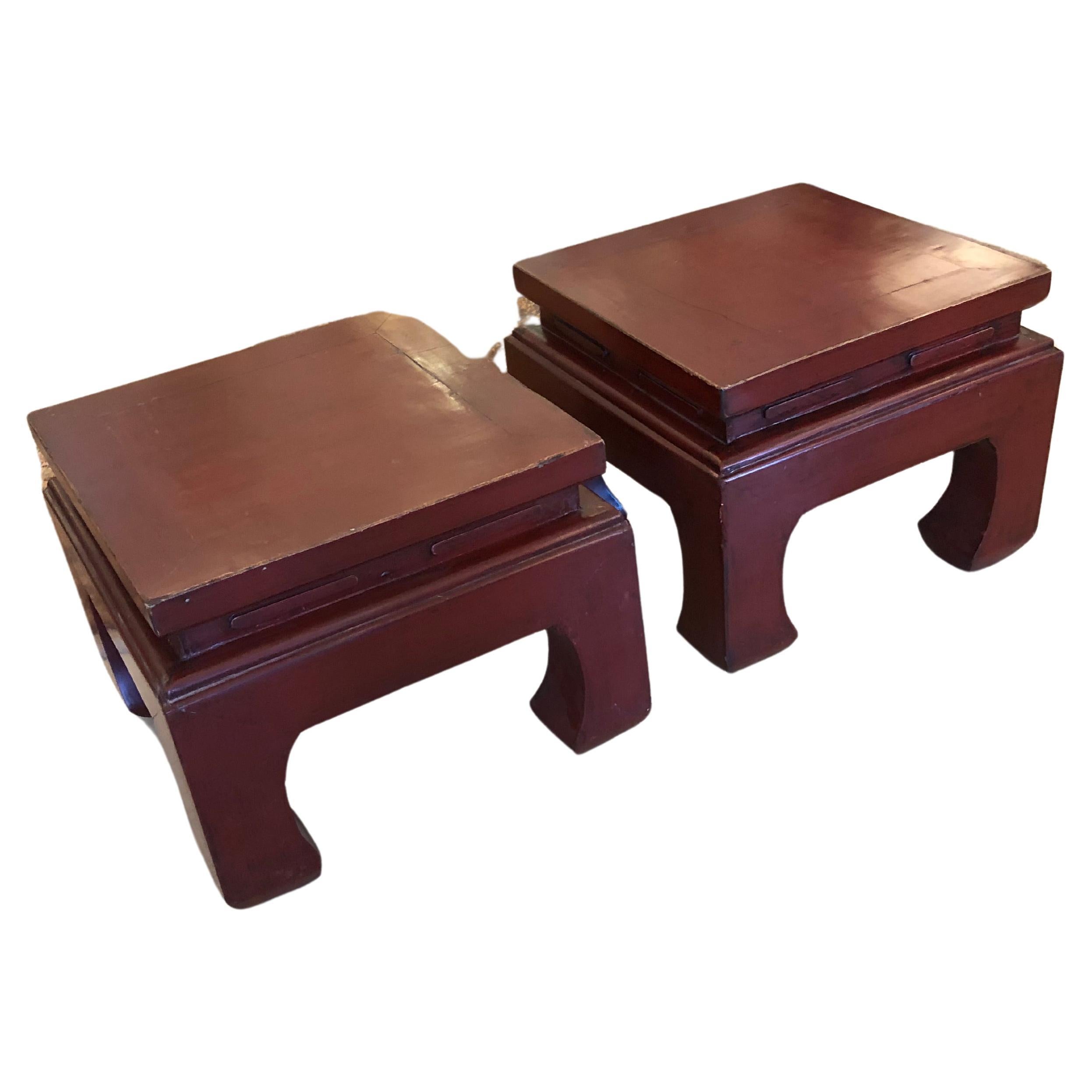 Chunky Pair of ChineseCinnabar Square Lacquered Wood Low End or Cocktail Tables 