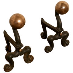 Chunky Pair of French 19th Century Brass and Iron Andirons or Fire Dogs