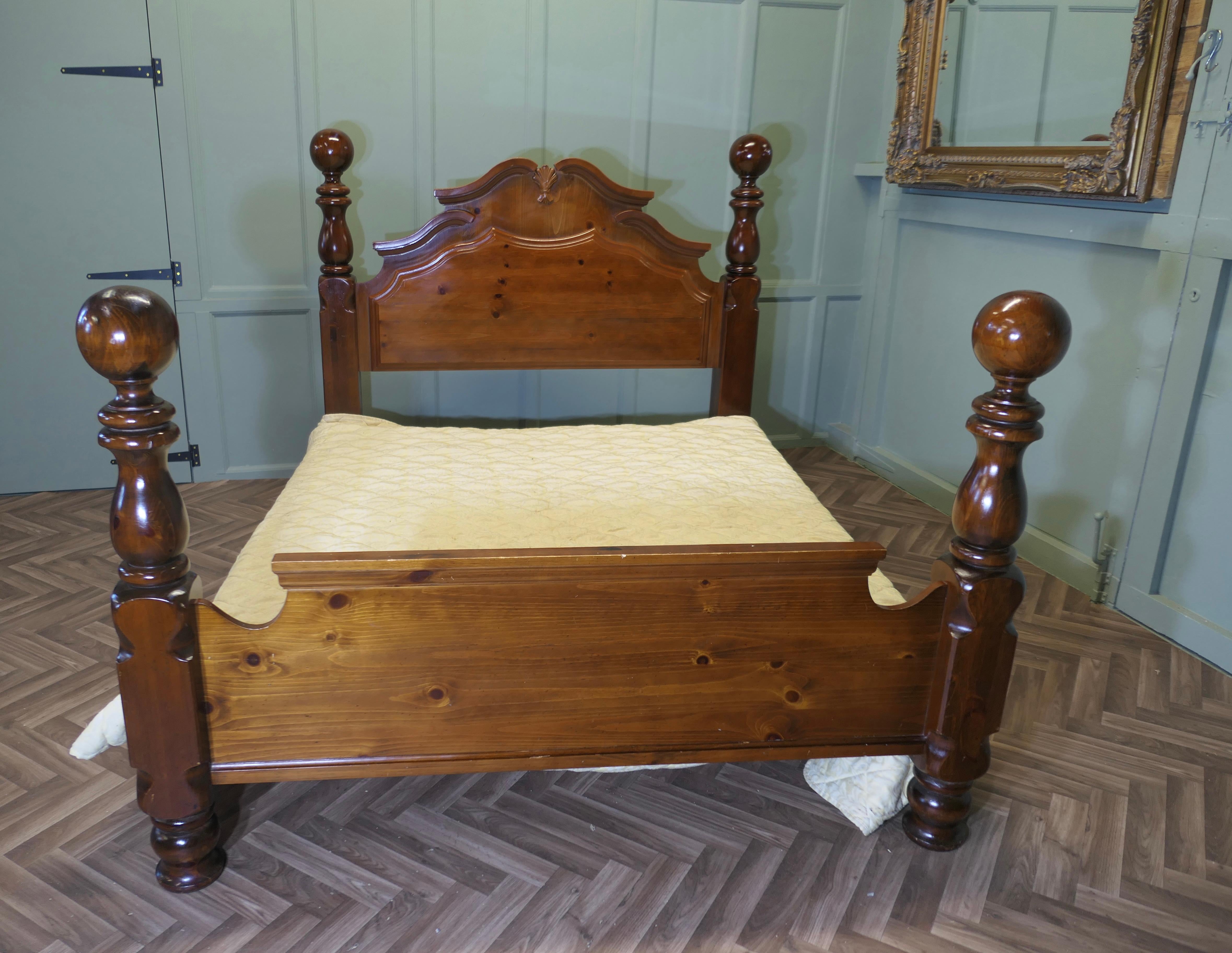 Chunky Pine King Size Double Bed

This is a good heavy bed, the bed head has a high arched top and both ends have very chunky turned bed knobs, the bed has solid sides and cross bars on which to place either a 5ft divan and mattress or a slatted