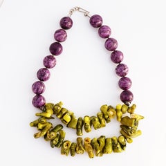 Chunky Purple Jasper and Green Bamboo Coral Beaded Statement Necklace, 1970s