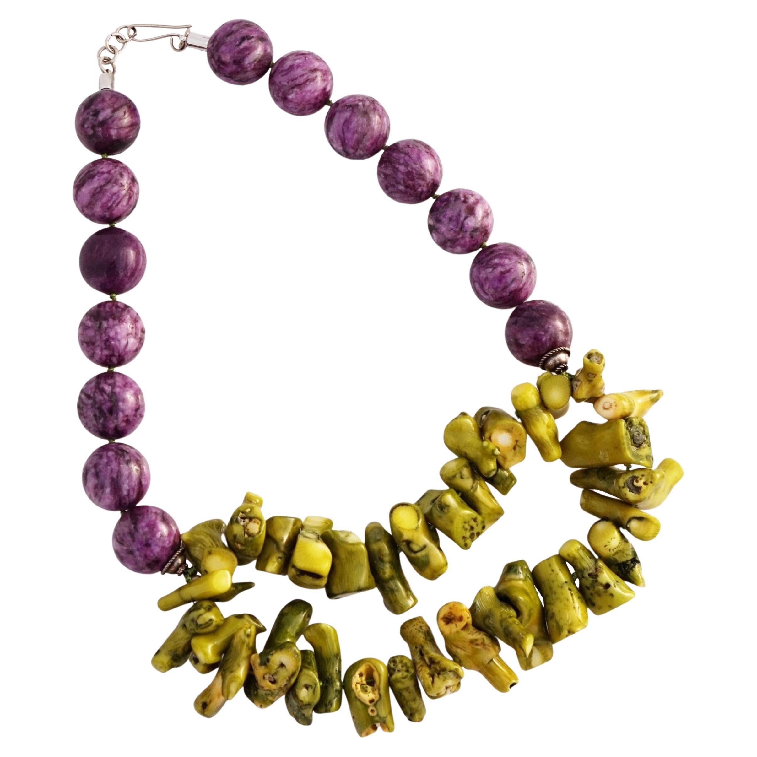 Chunky Purple Jasper and Green Bamboo Coral Beaded Statement Necklace, 1970s For Sale