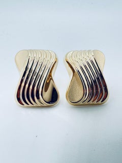 Chunky Rectangle Wave Earrings in 14K Yellow Gold, Art Deco, 1980