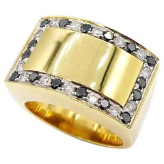Chunky Rectangular with Black and White Diamond Edge 18 Karat Yellow Gold Ring