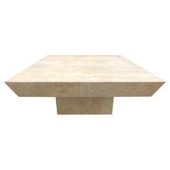 Chunky Reverse-Bevel Square Travertine Coffee Table