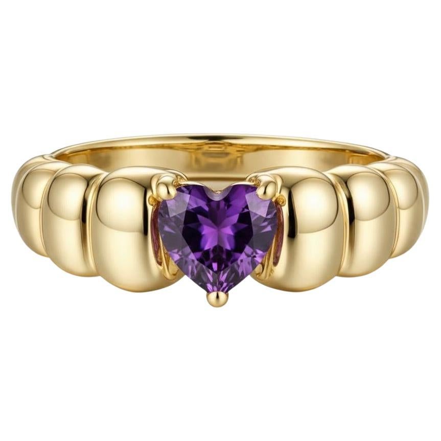 For Sale:  Chunky Ribbed Heart Amethyst Ring Silver, Gold