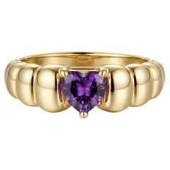 Chunky Ribbed Heart Amethyst Ring Silver, Gold